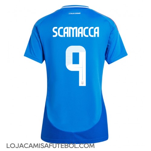 Camisa de Futebol Itália Gianluca Scamacca #9 Equipamento Principal Mulheres Europeu 2024 Manga Curta